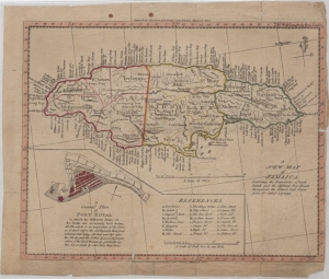 A new map of Jamaica: exhibiting the boundaries of each Parish and the different Post Roads throughout the Island, laid down from the latest surveys