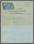 Production notes on letterhead for The Beginning of the World / Max Teuber
