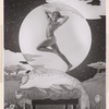Naked man dancing on an illustrated fish before an illustrated moon