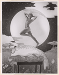 Naked man dancing on an illustrated fish before an illustrated moon
