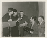 Orson Welles, Betty Garde, Ray Collins, William Robson and Archibald MacLeish in rehearsal for the radio program Air Raid.