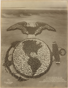 Living Emblem of the United States Marines: 100 Officers and 9000 Enlisted men, Marine Barracks, Paris Island, S.C., Brigadier General J.H. Pendleton, Commanding