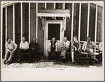 Resettlement workers in front of camp building, Black River Falls Land Use Project, Wisconsin