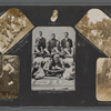 Scrapbook page consisting of snapshots of young women friends identified as "The Ki-Yi Gang," Louise and "Pal," Addie, and "J.W.'s" Pretty Baby; a group portrait from the Ki-Yi's summer outing; and a clipping of a group portrait of the Acme Basketball Club, 1915, circa 1918