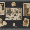 Scrapbook page consisting of a studio portrait of Nanny Eastland; snapshots of young women friends Cecil King, "Ray & Jacobs," Ethel Perkins and unidentified; a male friend Woody with an unidentified woman; and a view of a summer picnic, circa 1918