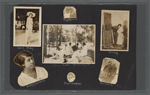 Scrapbook page consisting of a studio portrait of Nanny Eastland; snapshots of young women friends Cecil King, "Ray & Jacobs," Ethel Perkins and unidentified; a male friend Woody with an unidentified woman; and a view of a summer picnic, circa 1918