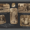 Scrapbook page of snapshots of George Brashear, Lieutenant J.W. Huguley and Corporal Williams during military target practice, women identified as Bennie & friend, and a group of men and women eating watermelons, at Tuskegee Institute, 1918
