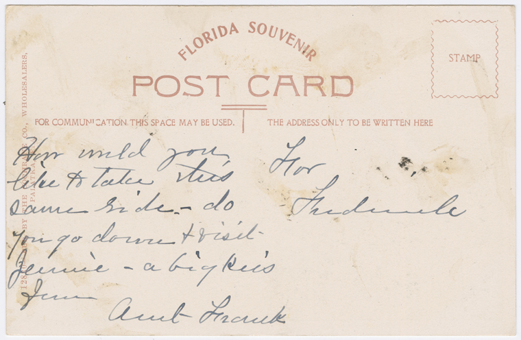 "The Home Stretch in Florida" - postcard to Frederick Hoeing