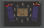 Scrapbook page consisting of a studio portrait of Nanny Eastland; snapshots of young women friends Cecil King, "Ray & Jacobs," Ethel Perkins and unidentified; a male friend Woody with an unidentified woman; and a view of a summer picnic, circa 1918