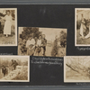 Scrapbook page of snapshots of George Brashear, Lieutenant J.W. Huguley and Corporal Williams during military target practice, women identified as Bennie & friend, and a group of men and women eating watermelons, at Tuskegee Institute, 1918