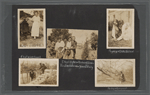 Scrapbook page of snapshots of George Brashear, Lieutenant J.W. Huguley and Corporal Williams during military target practice, women identified as Bennie & friend, and a group of men and women eating watermelons, at Tuskegee Institute, 1918