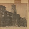 Row of buildings on the south side of Thirty-fourth Street, between Seventh and Eighth Avenues, that is being razed to make way for the approach to the Pennsylvania Terminal--note the men demolishing the tower of the church