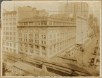 Bryant Park Arcade; El station and train; street lamp being serviced