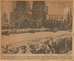 The landscaped gardens on the sixth floor terrace of the British Empire Building in Rockefeller Center, covered with a blanket of snow. The upper structure of St. Patrick's Cathedral appears in the background