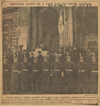 Captain William J. Pedrick, president of the Fifth Avenue Association, speaking at the ceremonies on the steps of the public library yesterday when blinking traffic lights gave the signal from the Mayor to 200 Fifth avenue merchants to uncover the World's Fair displays in their windows