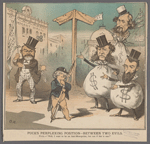 Puck's perplexing position--between two evils. Puck.--"Well, I want to be an Anti-Monopolist; but not if that is one!"