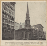 Fifth Avenue and 37th Street today, showing the Brick Presbyterian Church on the northwest corner, the Mark Cross building on the southwest corner, and at the right of the photograph Franklin Simon's and Lord & Taylor's at 38th St.
