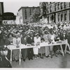 Crowds gathered outside Abyssinian Baptist Church, in Harlem, New York, during visit of Emperor Haile Selassie I of Ethiopia, 1954