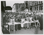 Crowds gathered outside Abyssinian Baptist Church, in Harlem, New York, during visit of Emperor Haile Selassie I of Ethiopia, 1954