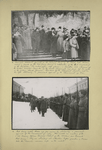 Prominent Bolshevik officials on the reviewing stand by the Kremlin Wall, during a parade celebrating the 2nd anniversary of the Revolution.; Red Army cadets reviewed by Skliansky.