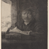 Self-portrait drawing at a window