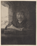 Self-portrait drawing at a window