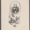 Man with his hand on a book. Below: soldiers on horseback; one firing a gun at another.