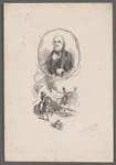 Man with his hand on a book. Below: soldiers on horseback; one firing a gun at another.