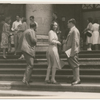 Gret Palucca and Artur Michel with unidentified man on the steps of a public building in Berlin