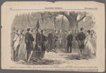 Presentation of colors to General Viele's brigade to the deparature on the great naval expedition.--[Sketched by our special artist.] General Viele. Governor Hicks.