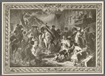 George Washington on horseback visits town or city and is greeted by a throng.