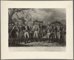 The British surrendering their arms to Gen: Washington, 1781. [Individual captions under persons depicted:] Lincoln. Washington. De Lanzun. La Fayette. Cornwallis. O'Hara. Chewton.