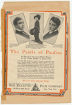 Advertisement for the motion picture The Perils of Pauline featuring Paul Panzer, Pearl White (in Lady Duff-Gordon gown), and Crane Wilbur, as published in Moving Picture World.