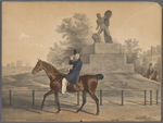Older man [the Duke of Wellington?] on horseback wearing long jacket and top hat, points his index and middle fingers to his hat, as he passes the statue of a nude warrior who raises shield while his upper armor rests at his right foot. Engraved at the base of the statue are the words: "To Arthur Duke of Wellington..." 
