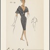 Evening dress with oversized shawl collar and decorative flap fastened by a large, brooch-like button 
