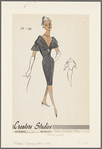 Evening dress with oversized shawl collar and decorative flap fastened by a large, brooch-like button 