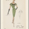 Green lace dress with off-the-shoulder neckline trimmed with satin/velvet and tucked fold-overs which match dress at shoulders