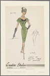 Green lace dress with off-the-shoulder neckline trimmed with satin/velvet and tucked fold-overs which match dress at shoulders