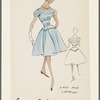 Chiffon dress with sabrina neckline and puffed sleeves; collar, sleeves and corset-pattern trim above and below belt all in lace