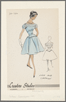Chiffon dress with sabrina neckline and puffed sleeves; collar, sleeves and corset-pattern trim above and below belt all in lace