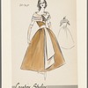 Full-skirted dress with three-tiered portrait collar; "tucked scarf" fabric accent at neck is repeated by long, wide sash at waist 