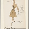 Crepe dress with florentine neckline, crossed and tucked effect on bosom, and lace trim beneath bodice, at hips and under belt in rear 