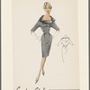 Knee-length dress with Florentine neckline, open-front cowl collar and large decorative bow at left front fastened with decorative flap and large brooch-like button 