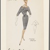 Gray knee-length skirt with bodice of ribbed material "tucked" behind tops of sleeves, back-buttoned belt 