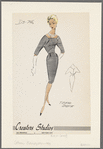 Gray knee-length skirt with bodice of ribbed material "tucked" behind tops of sleeves, back-buttoned belt 