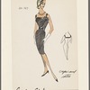 Knee-length black crepe dress has camisole neckline, wrap-style bodice with satin trim and small bow at left front 