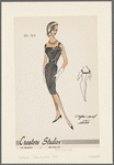 Knee-length black crepe dress has camisole neckline, wrap-style bodice with satin trim and small bow at left front 