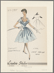 Knee-length lace dress with wide shawl collar and dark satin applique trim bands radiating from belt buckle