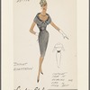 Knee-length gray dress with scoop neckline, large shawl collar, crossed lappet trim at neck and wide belt of same ribbed material 