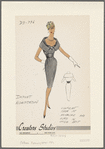 Knee-length gray dress with scoop neckline, large shawl collar, crossed lappet trim at neck and wide belt of same ribbed material 